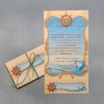 Προσκλητήριο βάπτισης τετράπτυχο vintage με ναυτικό θέμα και δέσιμο με σχοινάκια.