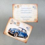 Προσκλητήριο βάπτισης vintage καρτ ποστάλ με θέμα αυτοκίνητο.