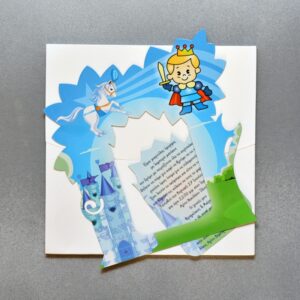 Προσκλητήριο βάπτισης μαγνήτης - κορνίζα με θέμα πρίγκιπας και φάκελος - κουτί.