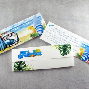 Προσκλητήριο βάπτισης με θέμα aloha και εκτυπωμένος φάκελος - κουτί.
