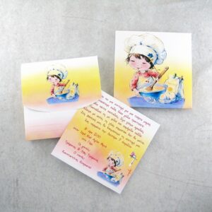 Προσκλητήριο βάπτισης με θέμα μικρή chef και εκτυπωμένος φάκελος - κουτί.