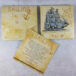 Προσκλητήριο βάπτισης vintage με θέμα καράβι και εκτυπωμένος φάκελος - κουτί.