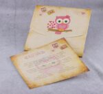 Προσκλητήριο βάπτισης vintage με θέμα κουκουβάγια και εκτυπωμένος φάκελος - κουτί.