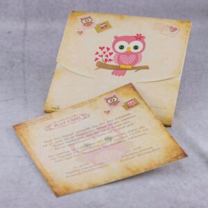 Προσκλητήριο βάπτισης vintage με θέμα κουκουβάγια και εκτυπωμένος φάκελος - κουτί.