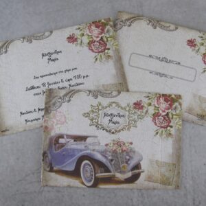 Προσκλητήριο γάμου σε vintage στυλ με χρυσοτυπία και φάκελος με ιδιαίτερο κοπτικό. 