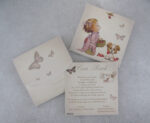 Προσκλητήριο βάπτισης vintage με θέμα κοριτσάκι με σκυλάκι και εκτυπωμένος φάκελος - κουτί.