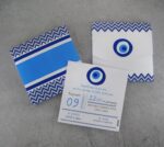 Προσκλητήριο βάπτισης με θέμα γαλάζιο μάτι και εκτυπωμένος φάκελος - κουτί.