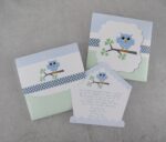 Προσκλητήριο βάπτισης με θέμα κουκουβάγια και εκτυπωμένος φάκελος - κουτί.