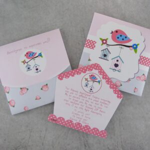 Προσκλητήριο βάπτισης με θέμα πουλάκι - κλουβί και εκτυπωμένος φάκελος - κουτί.