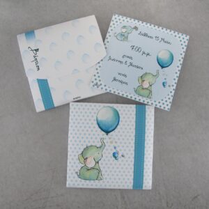 Προσκλητήριο βάπτισης με θέμα ελέφαντας και εκτυπωμένος φάκελος - κουτί.
