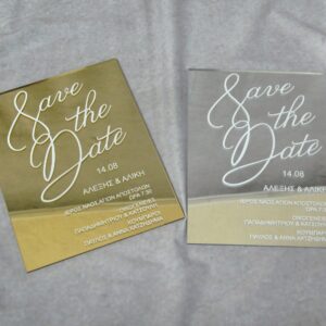 Προσκλητήριο γάμου σε plexi glass καθρέφτη με μεταξοτυπία και φάκελο - κουτί.