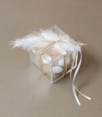 Μπομπονιέρα γάμου διάφανο κουτί με λευκό πούπουλο και σατέν κορδέλες.