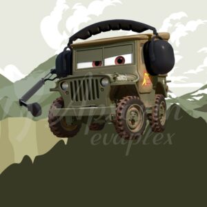 Σατέν υφασμάτινη αφίσα για στολισμό βάπτισης με θέμα Jeep Sarge - The Cars, σε διάσταση 140 x 190 cm.