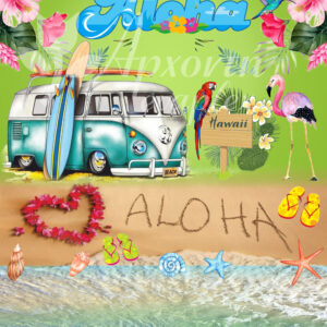 Σατέν υφασμάτινη αφίσα για στολισμό βάπτισης με θέμα Aloha, σε διάσταση 140 x 190 cm.