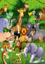 Σατέν υφασμάτινη αφίσα για στολισμό βάπτισης με θέμα ζωάκια της ζούγκλας, σε διάσταση 140 x 190 cm.