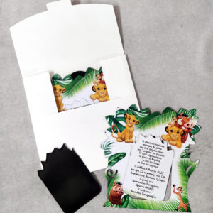 Προσκλητήριο βάπτισης μαγνήτης - κορνίζα με θέμα Lion King και φάκελος - κουτί.