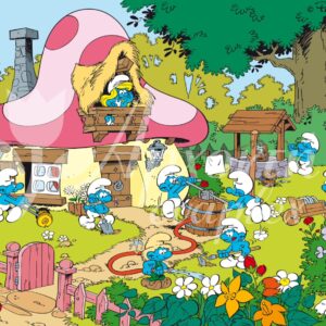 Σατέν υφασμάτινη αφίσα για στολισμό βάπτισης με θέμα στρουμφάκια, σε διάσταση 140 x 190 cm.