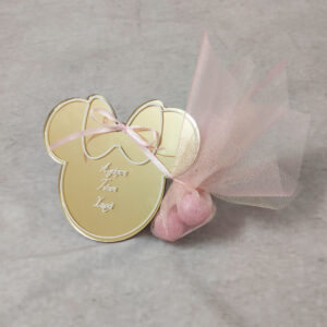 Μπομπονιέρα βάπτισης plexiglass χρυσός καθρέφτης σε σχήμα Minnie Mouse με χάραξη και ευχές.