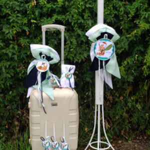 Πακέτο βάπτισης για αγόρι με θέμα Flintstones σε μέντα και navy αποχρώσεις.