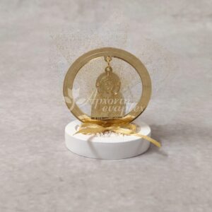 Μπομπονιέρα γάμου - βάπτισης Χριστός από χρυσό καθρέφτη plexi-glass και εκρού τούλι με χρυσό glitter.