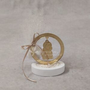 Μπομπονιέρα γάμου - βάπτισης Παναγία - Χριστός από χρυσό καθρέφτη plexi-glass και εκρού τούλι με χρυσό glitter.