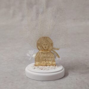 Μπομπονιέρα γάμου - βάπτισης Χριστός από χρυσό καθρέφτη plexi-glass και εκρού τούλι με χρυσό glitter.