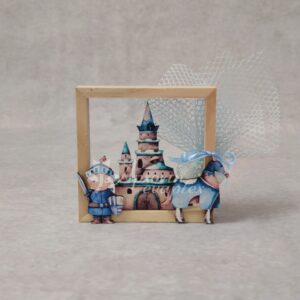 Μπομπονιέρα βάπτισης ξύλινο καδράκι με θέμα ιππότης και λευκό δύχτι