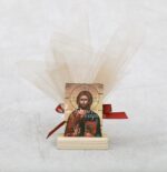 Μπομπονιέρα γάμου - βάπτισης εικόνα ξύλινη σε βάση με θέμα Χριστός και τούλι σοκολά.