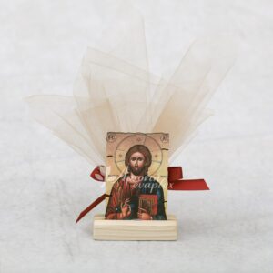 Μπομπονιέρα γάμου - βάπτισης εικόνα ξύλινη σε βάση με θέμα Χριστός και τούλι σοκολά.