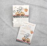 Προσκλητήριο βάπτισης με θέμα ελεφαντάκι σε αμαξάκι και εκτυπωμένος φάκελος - κουτί.