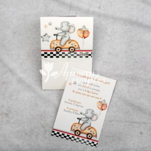 Προσκλητήριο βάπτισης με θέμα ελεφαντάκι σε αμαξάκι και εκτυπωμένος φάκελος - κουτί.