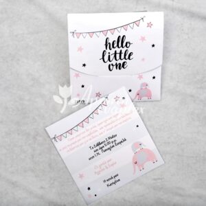 Προσκλητήριο βάπτισης με θέμα  "Hello Llittle One" ελεφαντάκι και εκτυπωμένος φάκελος - κουτί.