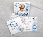 Προσκλητήριο βάπτισης με θέμα "Magical" αερόστατο και εκτυπωμένος φάκελος - κουτί.