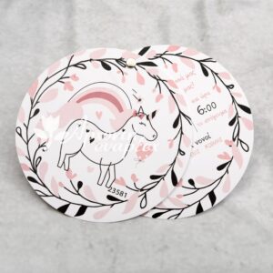 Στρόγγυλο προσκλητήριο βάπτισης με θέμα  μονόκερος και διπλή κάρτα με τρουξ.