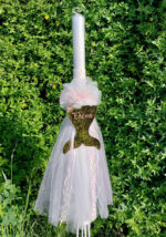 Λαμπάδα βάπτισης με θέμα ουρά γοργόνας απο ροζ χρυσό καθρέφτη plexi glass.