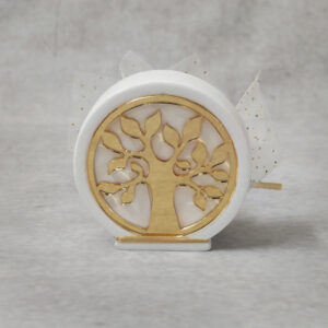 Προσκλητήριο - μπομπονιέρα γάμου κεραμικό διακοσμητικό με δέντρο ζωής από χρυσό καθρέφτη plexiglass.