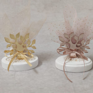 Μπομπονιέρα γάμου δέντρο ζωής από χρυσό ή ροζ χρυσό καθρέφτη plexi-glass και τούλι με glitter.