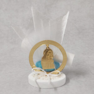 Προσκλητήριο μπομπονιέρα γάμου - βάπτισης Παναγία- Χριστός από χρυσό καθρέφτη plexi-glass και οργάτζα.