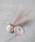 Μπομπονιέρα βάπτισης plexiglass μπρελόκ με θέμα νεράιδα σε σάπιο μήλο οργάντζα και ροζ δίχτυ.