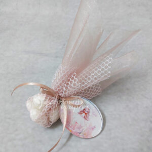 Μπομπονιέρα βάπτισης plexiglass μπρελόκ με θέμα νεράιδα σε σάπιο μήλο οργάντζα και ροζ δίχτυ.