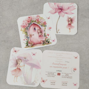 Δίπτυχο προσκλητήριο βάπτισης με θέμα νεράιδα.