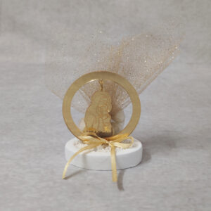 Μπομπονιέρα γάμου – βάπτισης Παναγία - Χριστός από χρυσό καθρέφτη plexi-glass σε βότσαλο.