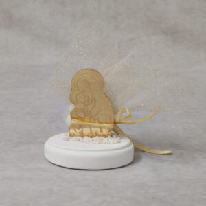 Μπομπονιέρα γάμου – βάπτισης Παναγία - Χριστός από χρυσό καθρέφτη plexi-glass σε βότσαλο.