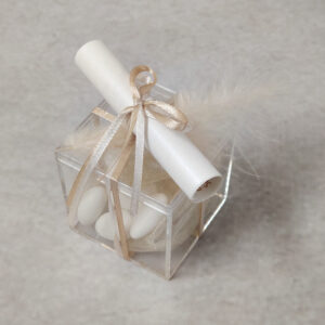 Προσκλητήριο - μπομπονιέρα γάμου διάφανο κουτί με εκρού πούπουλο και σατέν κορδέλες.