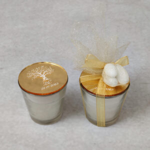 Μπομπονιέρα γάμου αρωματικό κερί με καπάκι από χρυσό καθρέφτη plexi glass.