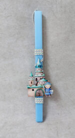 Χειροποίητη πασχαλινή λαμπάδα διακοσμημένη με σχοινιά και τρισδιάστατο ξύλινο με θέμα ιππότης.