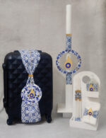 Πακέτο βάπτισης για αγόρι με θέμα μάτι με μοτίφ από λευκές και μπλε αποχρώσεις.