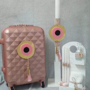 Πακέτο βάπτισης για κορίτσι με θέμα μάτι σε χρυσές και ροζ αποχρώσεις.