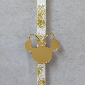 Χειροποίητη πασχαλινή λαμπάδα διακοσμημένη με  αλυσίδα στρας, γκλιτερ και Μίνυ από χρυσό καθρέφτη plexiglass.