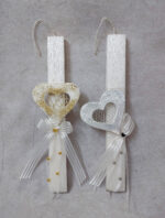 Χειροποίητη πασχαλινή λαμπάδα διακοσμημένη με χάντρες, κορδέλα, και γκλιτερ καρδιά από EVA.